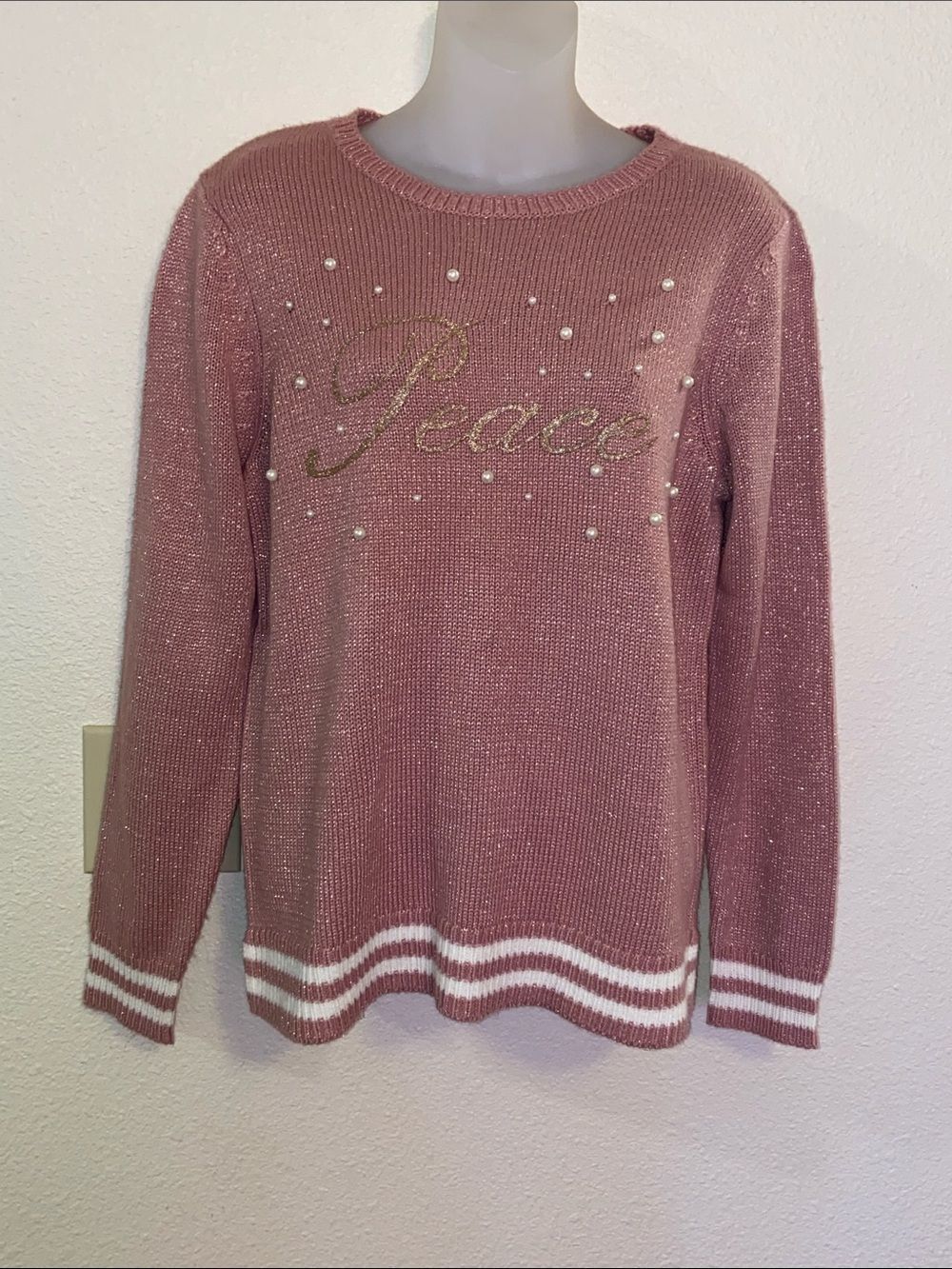 Holiday Time Pink Pearl-Embellished Crewneck Sweater with Gold 'Peace' L (12-14)